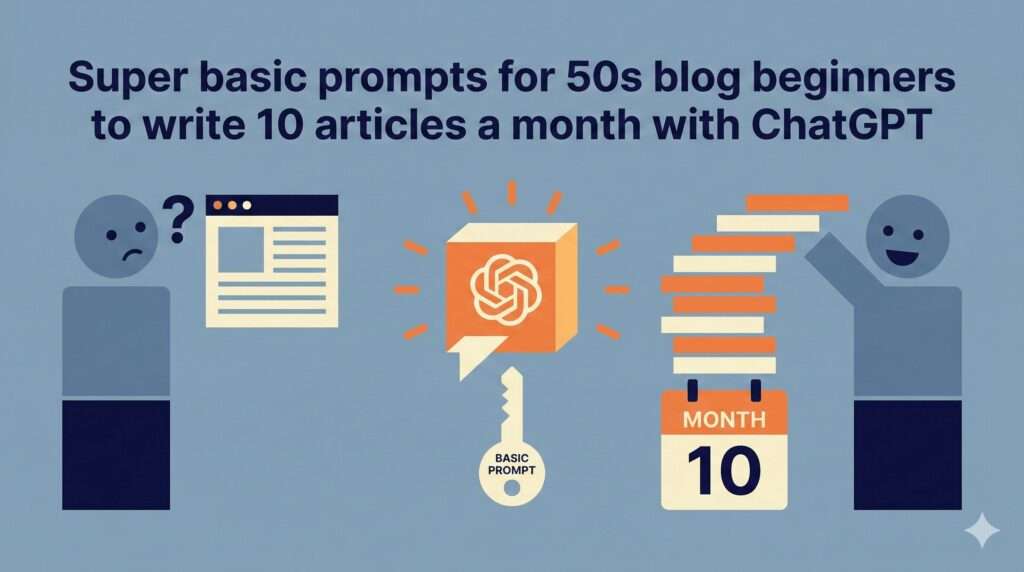 50代のブログ初心者がChatGPTで月10本記事を書くための超基本プロンプト また、シンプルなカラーブロックのイラストスタイル